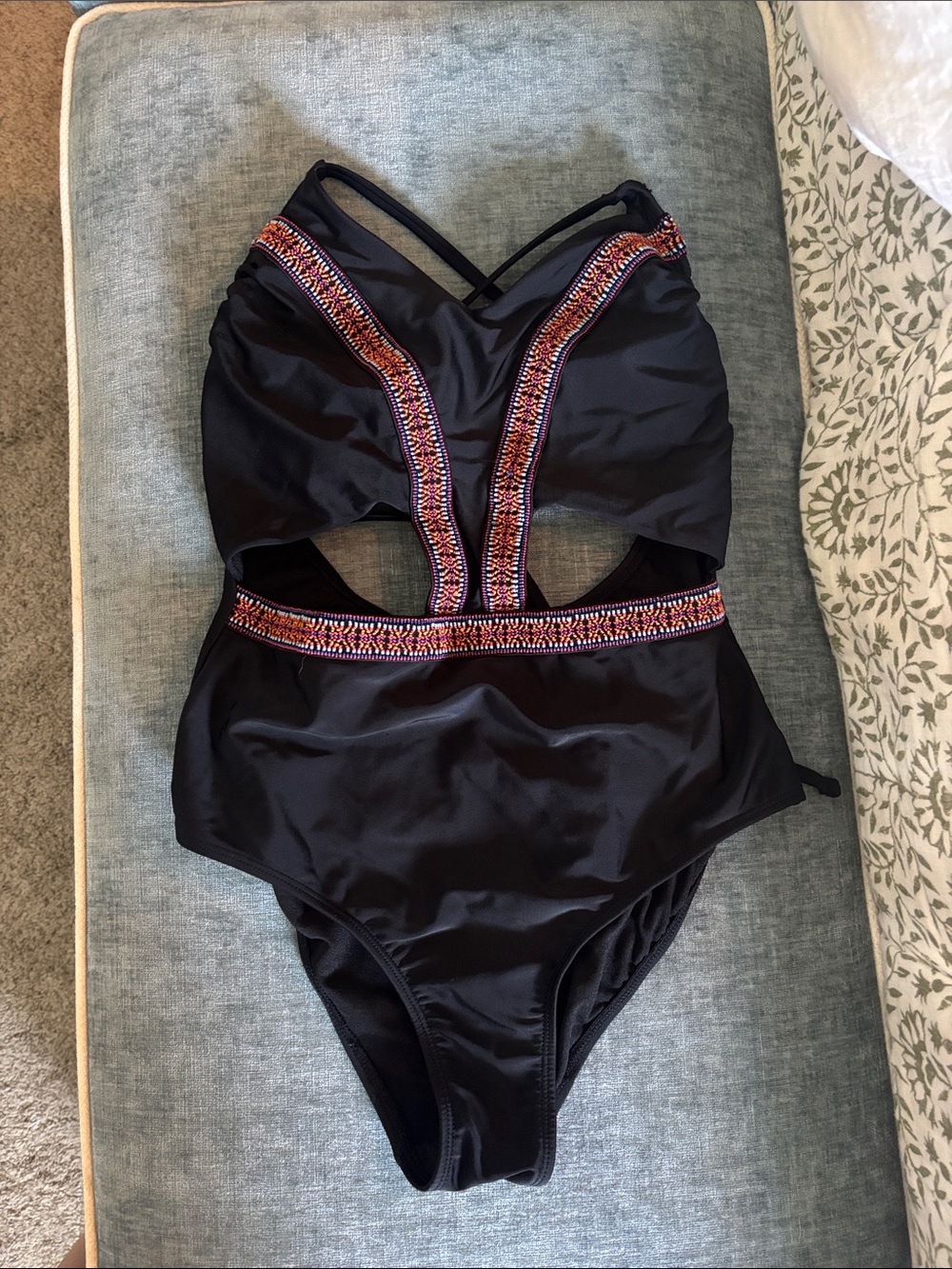 Black One-Piece Swimsuit with Colorful Embroidered Trim